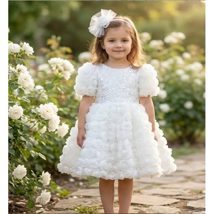 Kız Çocuk Beyaz Gül Desenli ve Boncuklu Kısa Balon Kol