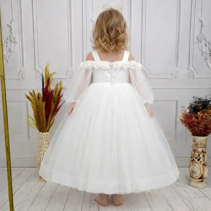 Kız Çocuk Beyaz Gül işleme Elbise Abiye Gelinlik