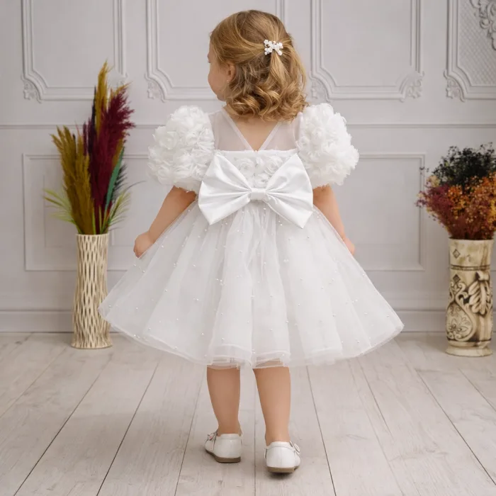 Kız Çocuk Beyaz Güllü incili Etek Detaylı Abiye Elbise