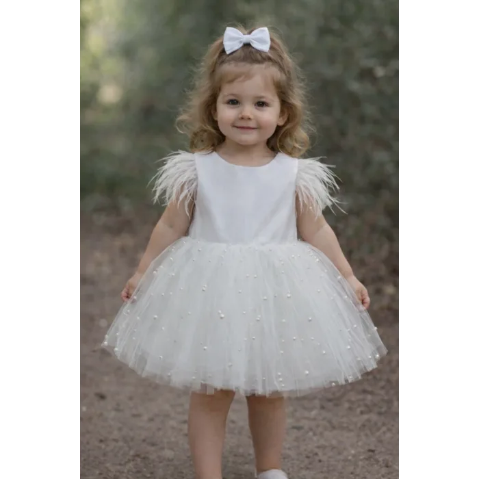 Kız Çocuk Beyaz İncili Kol Tüy Detayli elbise Abiye Gelinlik