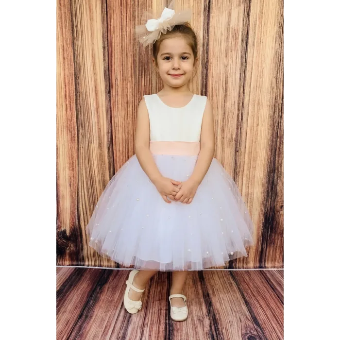 Kız Çocuk Beyaz Incili Somon Kemerli Kabarık Elbise