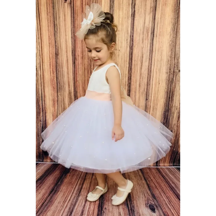 Kız Çocuk Beyaz Incili Somon Kemerli Kabarık Elbise