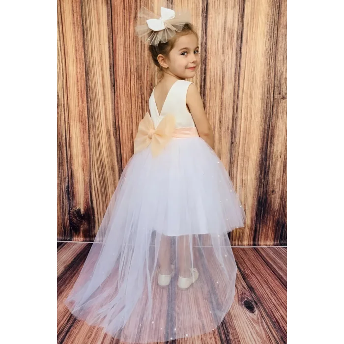 Kız Çocuk Beyaz Incili Somon Kemerli Kabarık Elbise