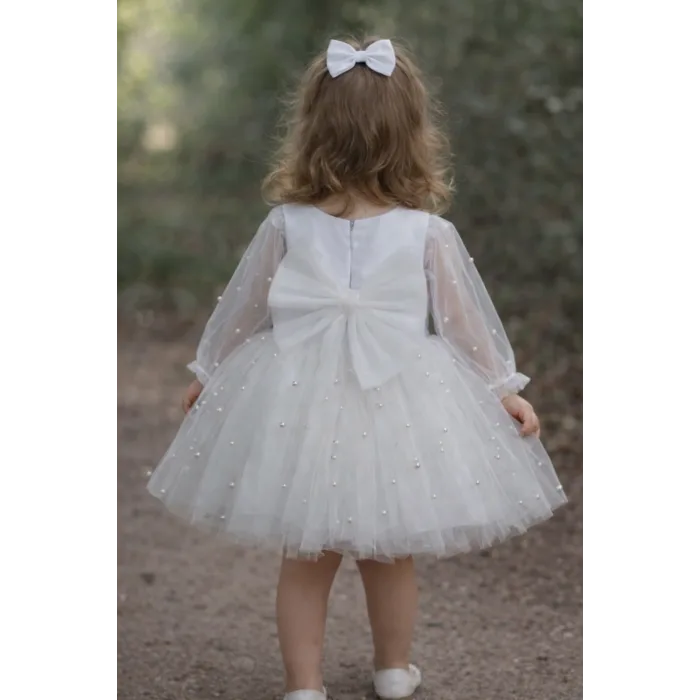 Kız Çocuk Beyaz İncili Uzun Kol Kabarık Elbise