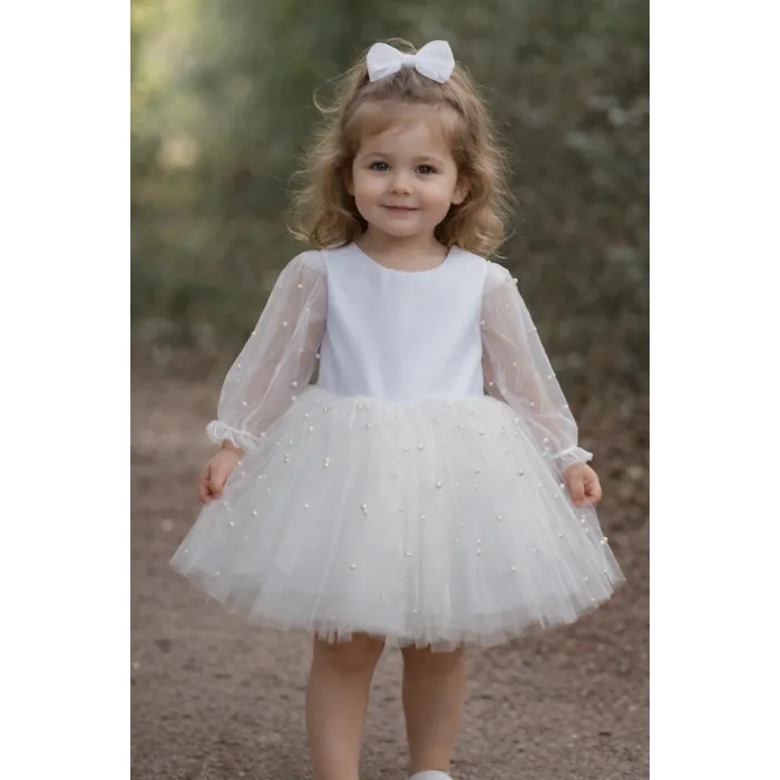 Kız Çocuk Beyaz İncili Uzun Kol Kabarık Elbise