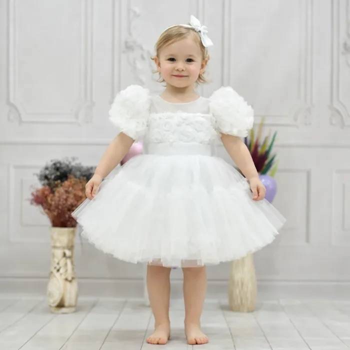 Kız Çocuk Beyaz Kabarık Gül Desenli Tül Etek şeffaf Kısa Balon Kol Elbise