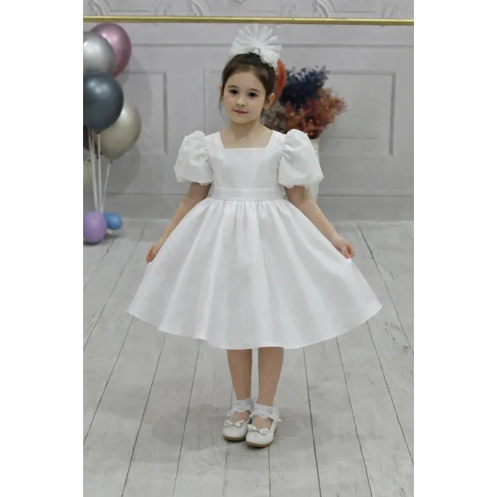 Kız Çocuk Beyaz Kare Yaka Balon Kol Uzun Fiyonklu İnci İşlemeli Elbise