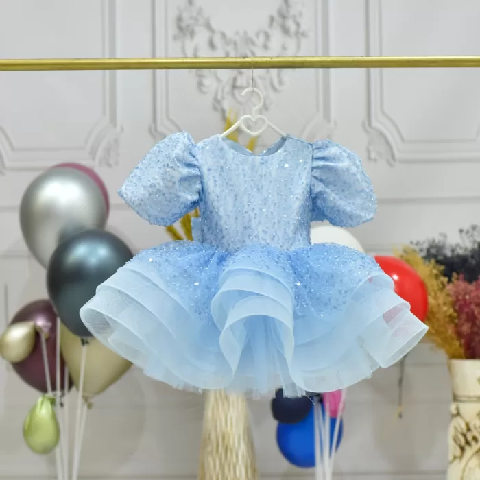 Kız Çocuk Bebe mavisi Kısa Balon Kol Taşlı Boncuklu Elbise