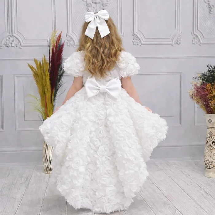 Kız Çocuk Beyaz Kuyruklu Şeffaf Gül Desenli Kısa Balon Kol Elbise Abiye