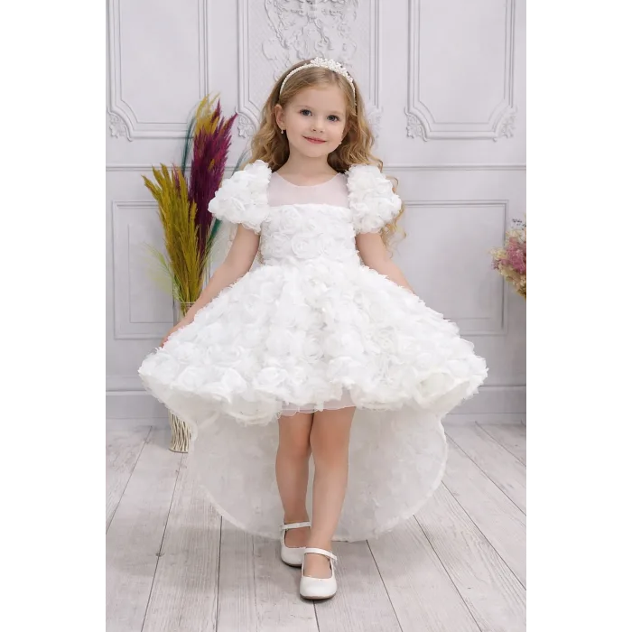 Kız Çocuk Beyaz Kuyruklu Şeffaf Gül Desenli Kısa Balon Kol Elbise Abiye