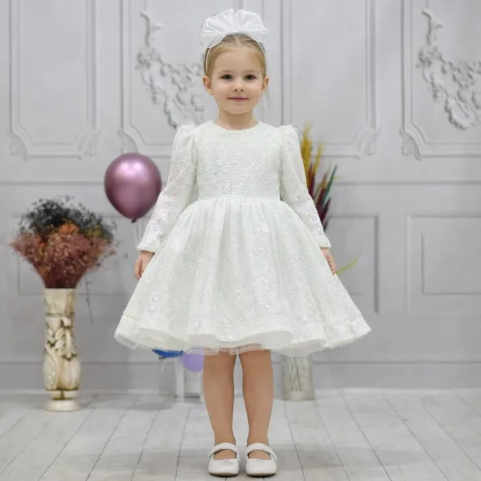 Beyaz Payetli Hologramlı Tüy Detaylı Uzun Kol Kabarık Elbise Gelinlik