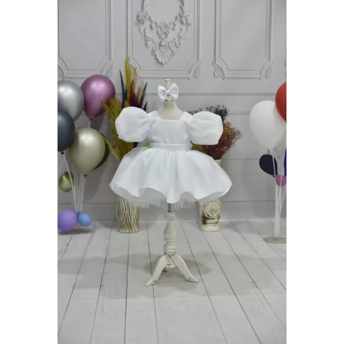 Kız Çocuk Beyaz Parıltılı Dalgalı Tül Kabarık Elbise