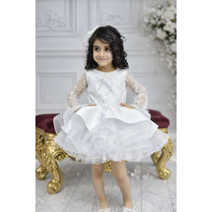 Kız Çocuk Beyaz Parıltılı Payetli Uzun Kol Etekli Grenli Kabarık Elbise
