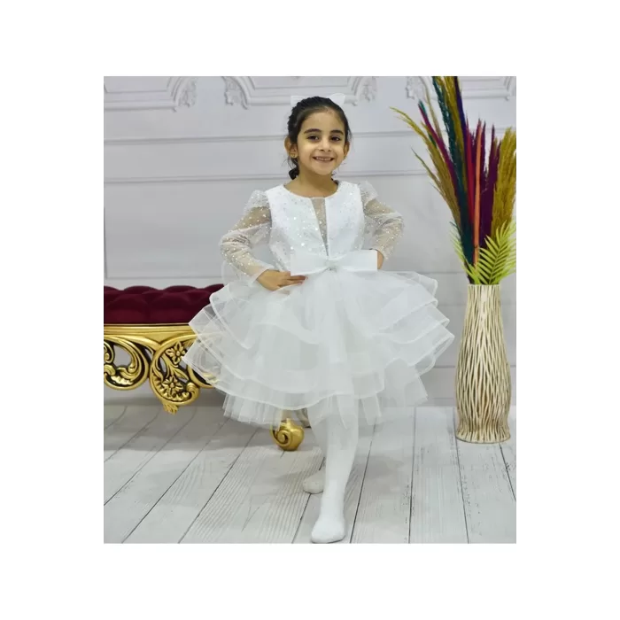 Kız Çocuk Beyaz Payetli Boncuklu Önü Dekolte Detaylı Uzun Kol Kabarık Elbise