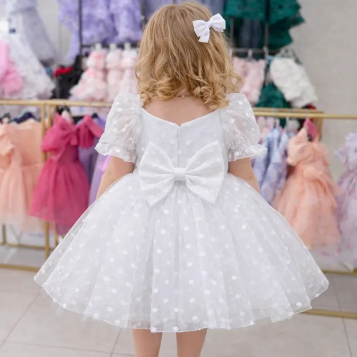 Kız Çocuk Beyaz Puantiyeli Kalp Detaylı Yaka ve Balon Kol Elbise