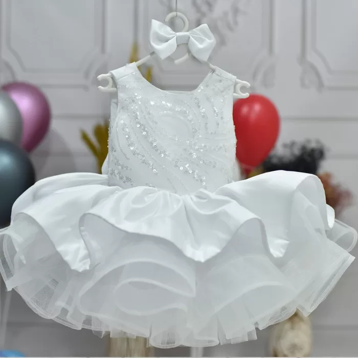 Kız Çocuk Beyaz Saten Gren Kabarık Elbise