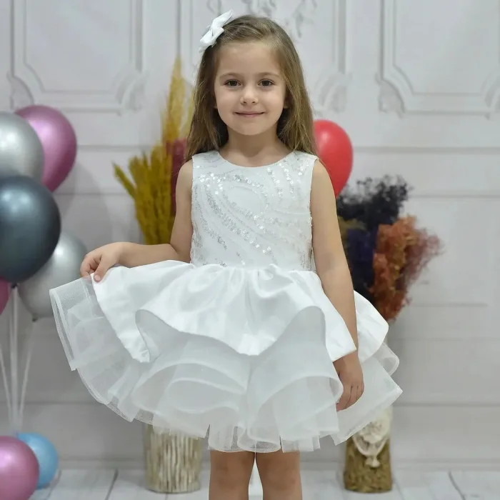 Kız Çocuk Beyaz Saten Gren Kabarık Elbise