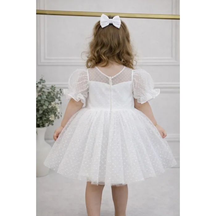 Kız Çocuk Beyaz Şeffaf Flok Pauantiyeli Kalp Detaylı Prenses Kol Detaylı Kabarık Elbise
