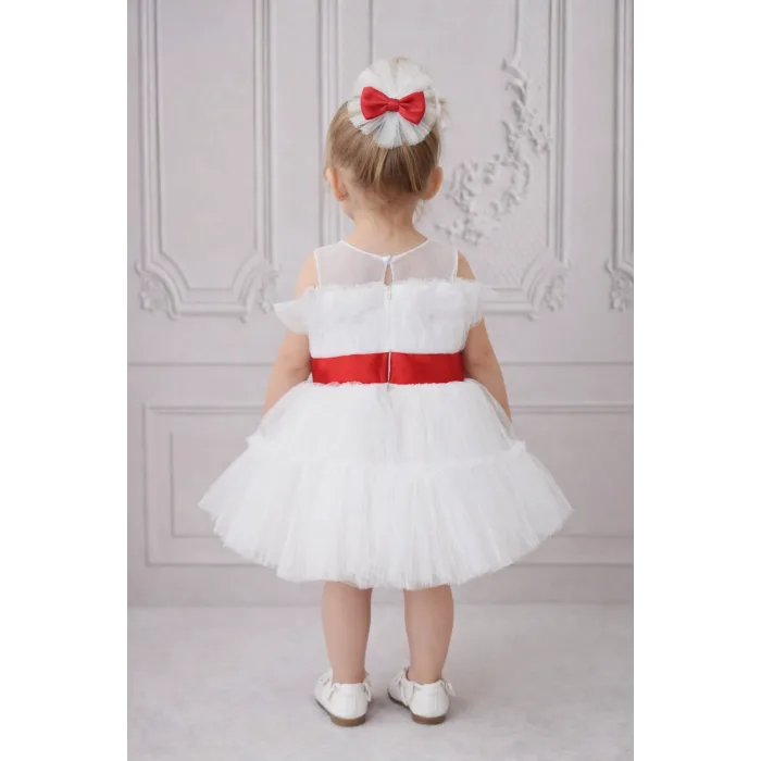 Kız Çocuk Beyaz Şeffaf Üst Ön Fiyonk Detaylı Kırmızı Kemerli Kabarık Elbise