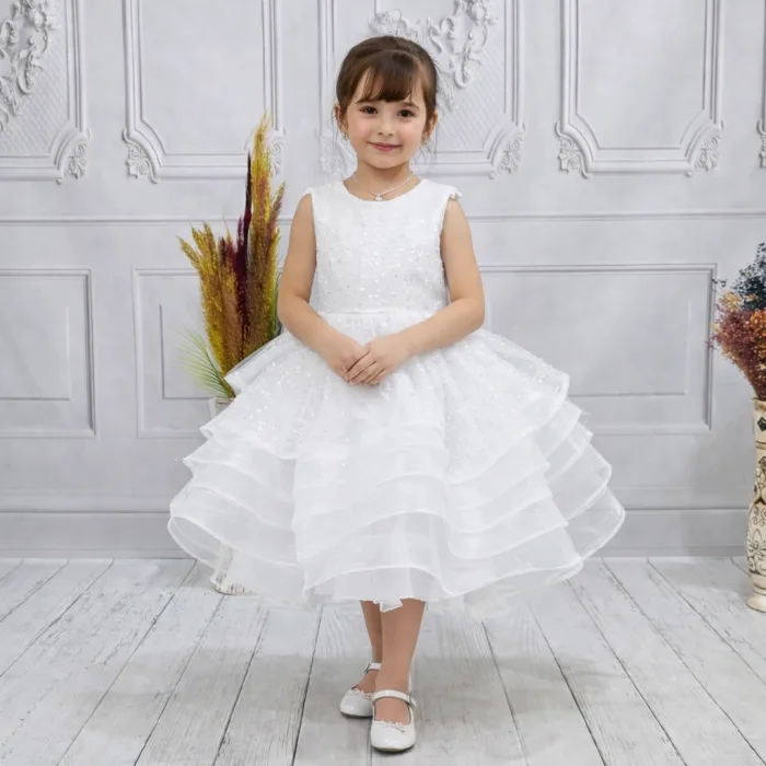 Kız Çocuk Beyaz Taşlı Boncuklu Payetli Sıfır Kol Elbise