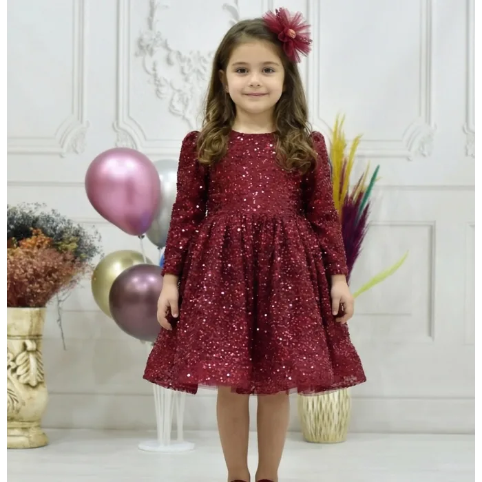Kız Çocuk Bordo Boncuklu Düz Kol Elbise