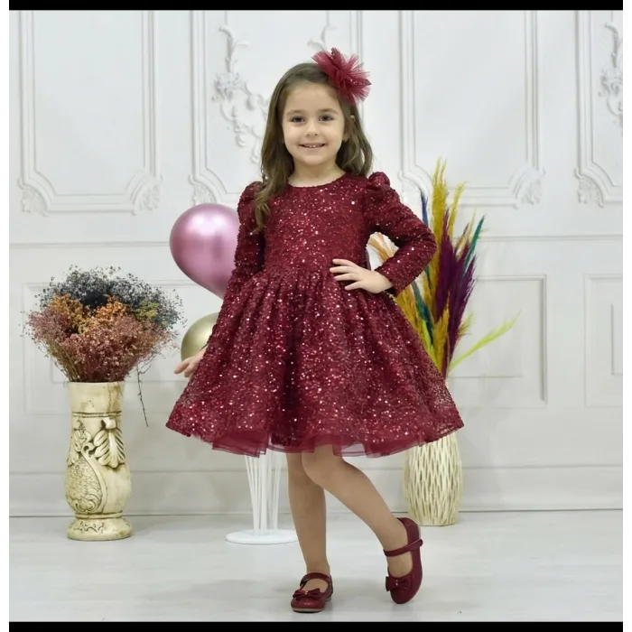 Kız Çocuk Bordo Boncuklu Düz Kol Elbise