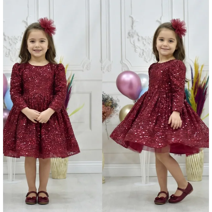 Kız Çocuk Bordo Boncuklu Düz Kol Elbise