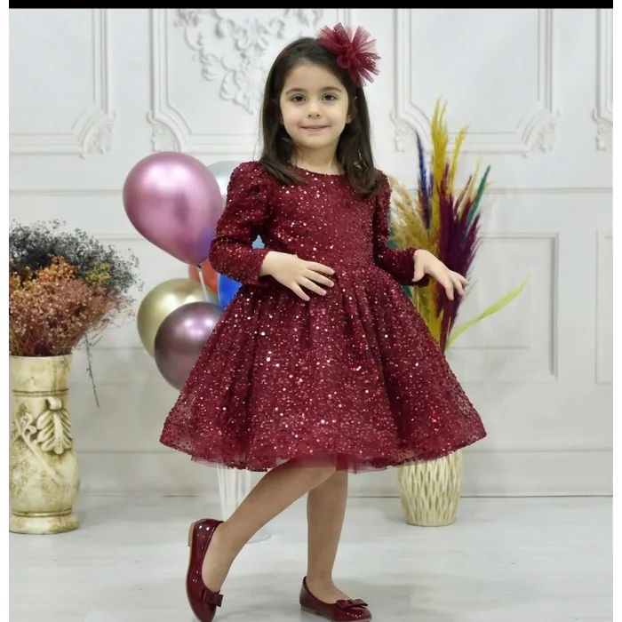 Kız Çocuk Bordo Boncuklu Düz Kol Elbise