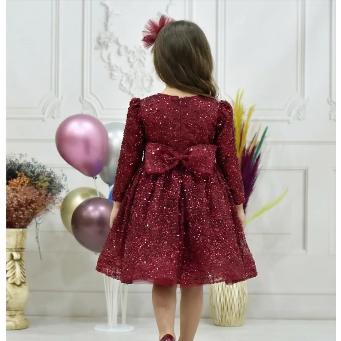 Kız Çocuk Bordo Boncuklu Düz Kol Elbise