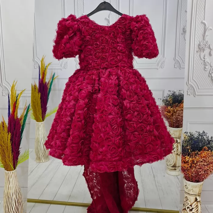 Kız Çocuk Bordo Gül Desenli Kuyruklu Kısa Kol Elbise Abiye