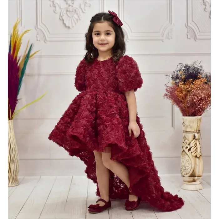 Kız Çocuk Bordo Gül Desenli Kuyruklu Kısa Kol Elbise Abiye