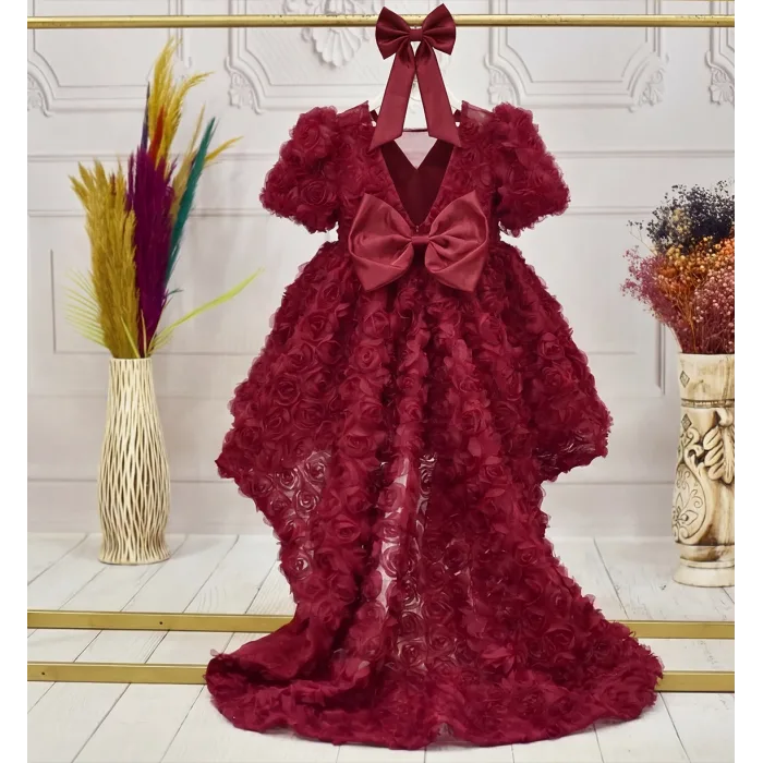 Kız Çocuk Bordo Gül Desenli Kuyruklu Kısa Kol Elbise Abiye