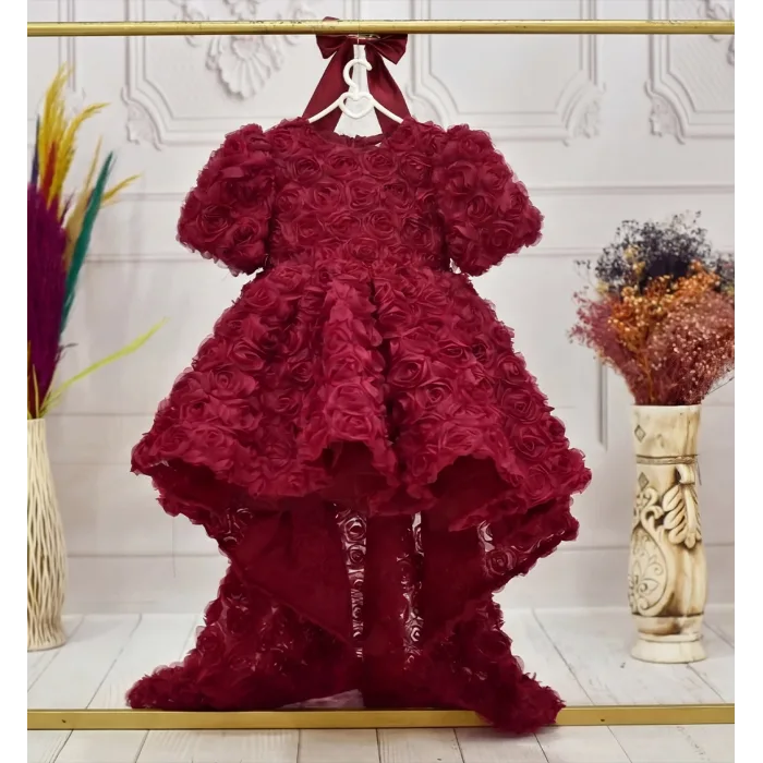 Kız Çocuk Bordo Gül Desenli Kuyruklu Kısa Kol Elbise Abiye