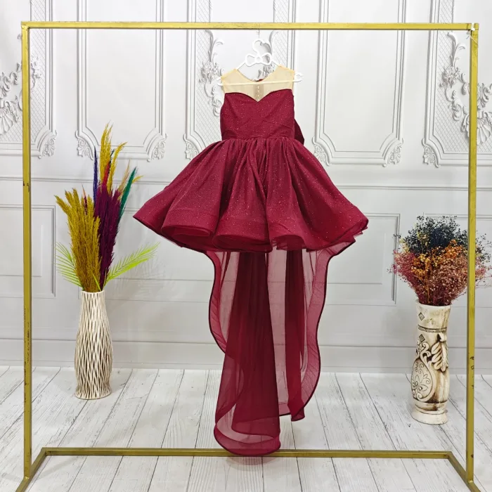 Bordo Parıltılı Kuyruklu Şeffaf Üst Kısa Kol Elbise Abiye