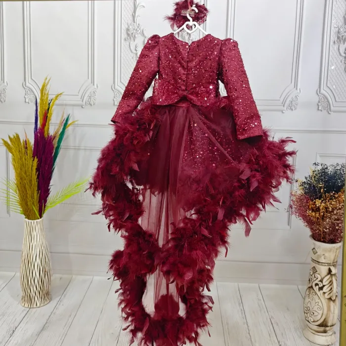 Bordo Gül Taşlı Boncuklu Kuyruklu Uzun Kol Elbise Abiye Gelinlik