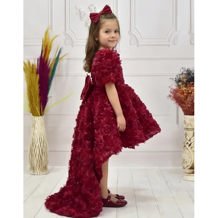 Kız Çocuk Bordo Gül Desenli Kuyruklu Şeffaf Üst Kısa Kol Elbise Abiye