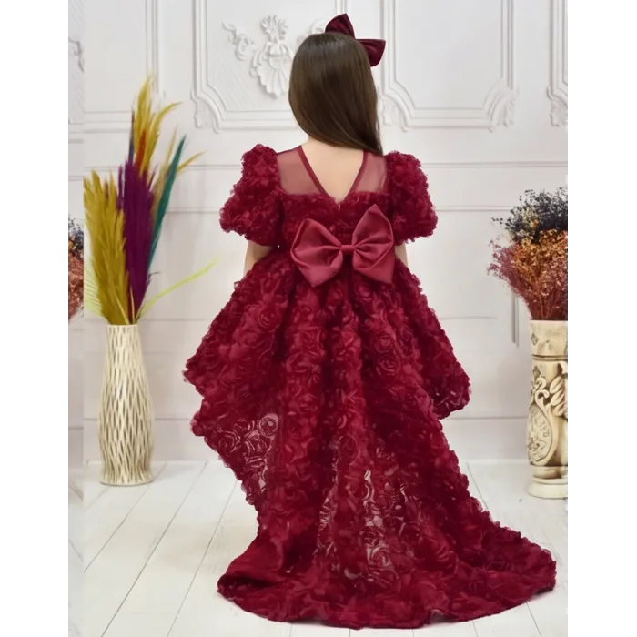 Kız Çocuk Bordo Gül Desenli Kuyruklu Şeffaf Üst Kısa Kol Elbise Abiye