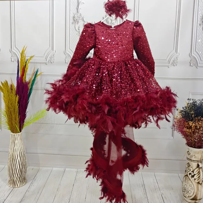 Bordo Gül Taşlı Boncuklu Kuyruklu Uzun Kol Elbise Abiye Gelinlik