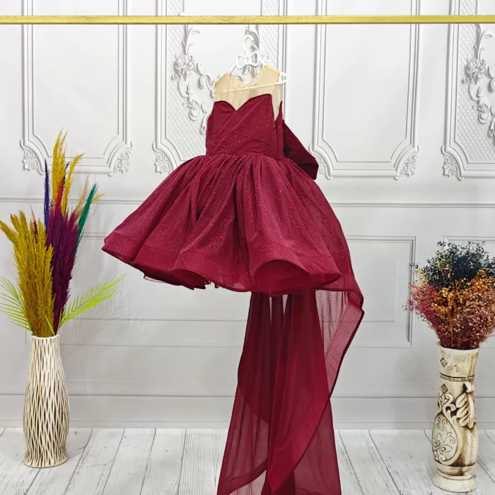 Bordo Parıltılı Kuyruklu Şeffaf Üst Kısa Kol Elbise Abiye