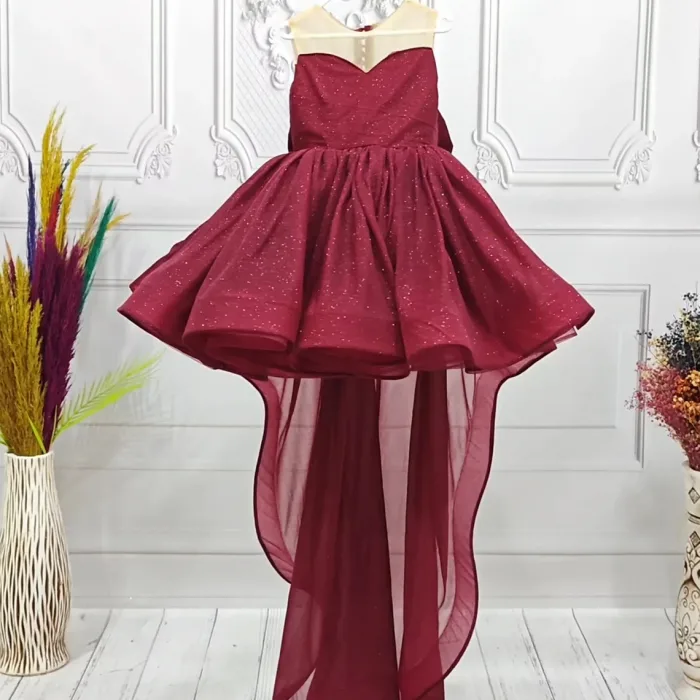 Bordo Parıltılı Kuyruklu Şeffaf Üst Kısa Kol Elbise Abiye