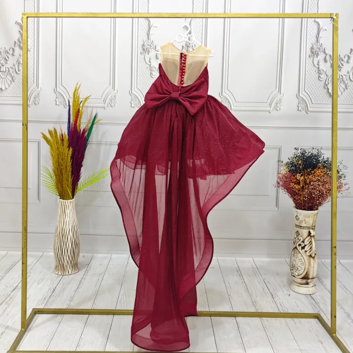 Bordo Parıltılı Kuyruklu Şeffaf Üst Kısa Kol Elbise Abiye