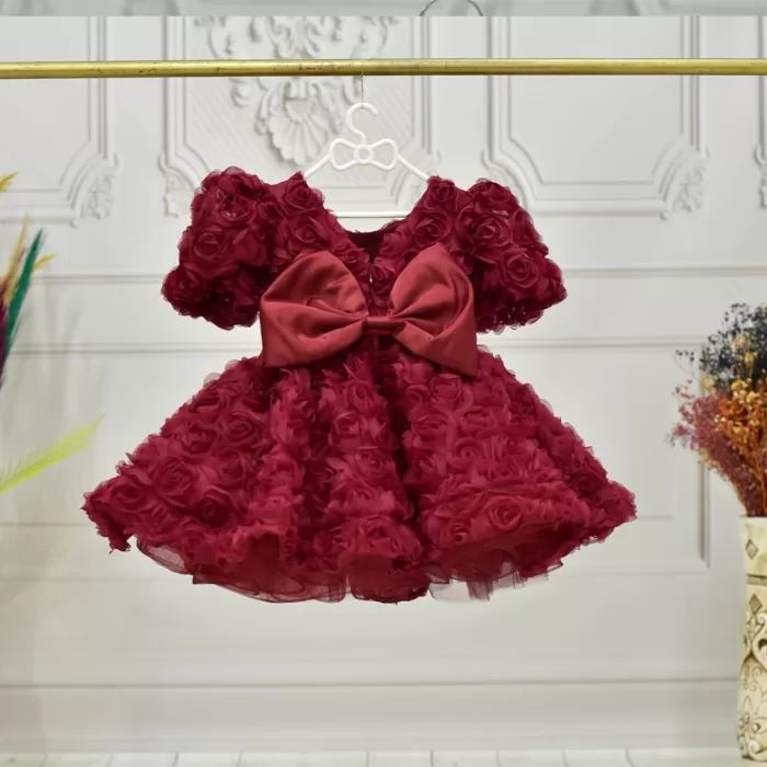 Kız Çocuk Bordo Gül Kabarık Boncuklu Kısa Balon Kol