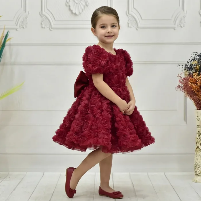 Kız Çocuk Bordo Gül Kabarık Boncuklu Kısa Balon Kol