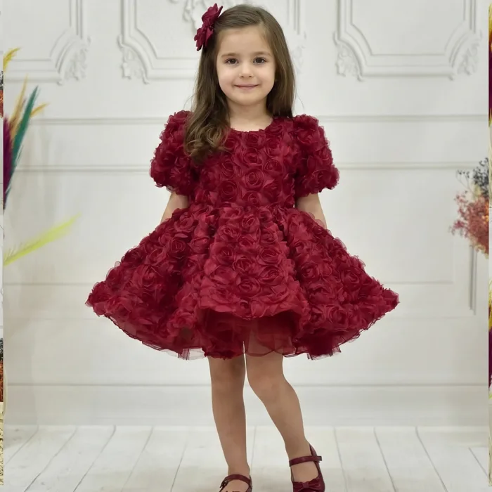 Kız Çocuk Bordo Gül Kabarık Boncuklu Kısa Balon Kol