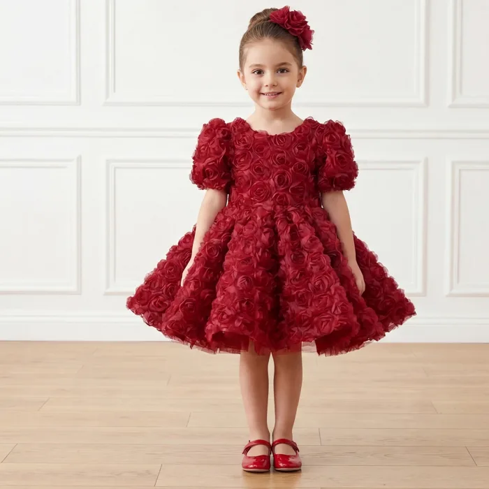 Kız Çocuk Bordo Gül Kabarık Boncuklu Kısa Balon Kol