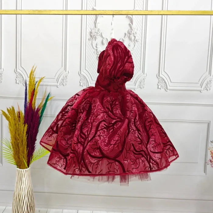 Kız Çocuk Bordo Organze Parıltılı Desenli Kloş Balon Kol Kabarık Elbise
