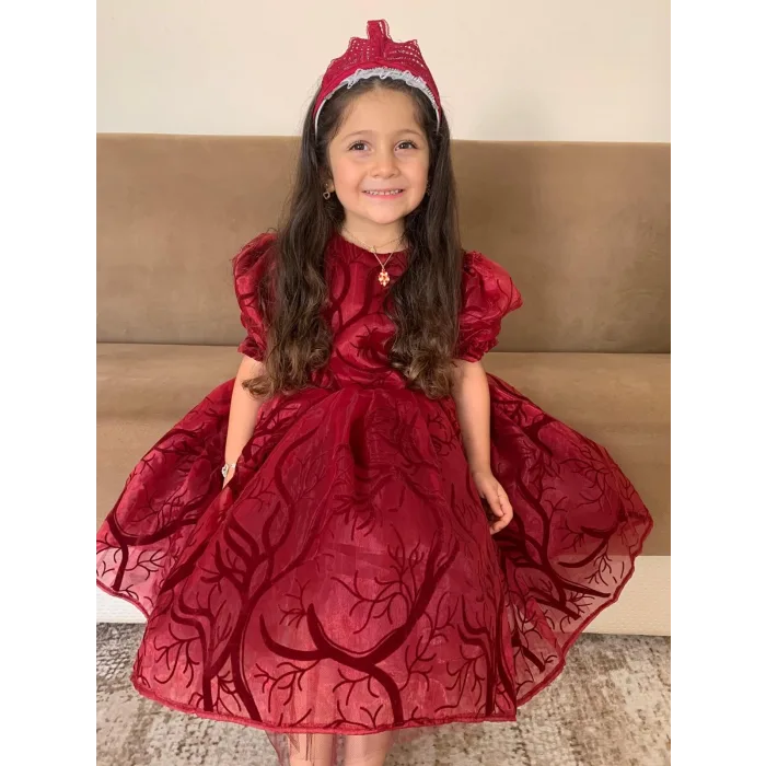 Kız Çocuk Bordo Organze Parıltılı Desenli Kloş Balon Kol Kabarık Elbise