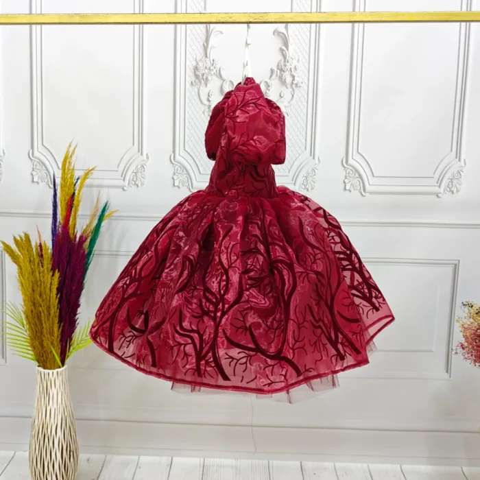 Kız Çocuk Bordo Organze Parıltılı Desenli Kloş Balon Kol Kabarık Elbise
