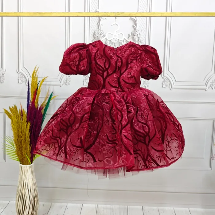 Kız Çocuk Bordo Organze Parıltılı Desenli Kloş Balon Kol Kabarık Elbise