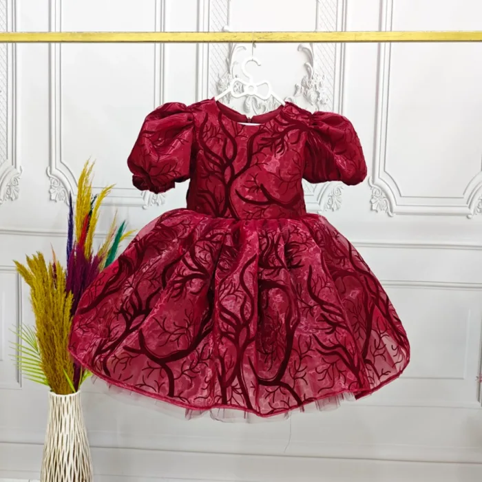 Kız Çocuk Bordo Organze Parıltılı Desenli Kloş Balon Kol Kabarık Elbise